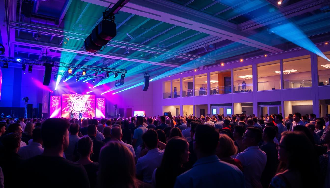 A bustling event hall with vibrant lighting and a crowd of people watching a live performance on stage. In the foreground, a group of engaged attendees, their faces illuminated by the stage lights, captivated by the unfolding spectacle. The middle ground features a well-designed event setup, with sleek audio-visual equipment and a sophisticated sound system. In the background, a modern, spacious venue with high ceilings and large windows, creating a sense of openness and energy. The overall atmosphere conveys the excitement and dynamism of a live event, inviting the viewer to immerse themselves in the experience. A bustling event hall with vibrant lighting and a crowd of people watching a live performance on stage. In the foreground, a group of engaged attendees, their faces illuminated by the stage lights, captivated by the unfolding spectacle. The middle ground features a well-designed event setup, with sleek audio-visual equipment and a sophisticated sound system. In the background, a modern, spacious venue with high ceilings and large windows, creating a sense of openness and energy. The overall atmosphere conveys the excitement and dynamism of a live event, inviting the viewer to immerse themselves in the experience.