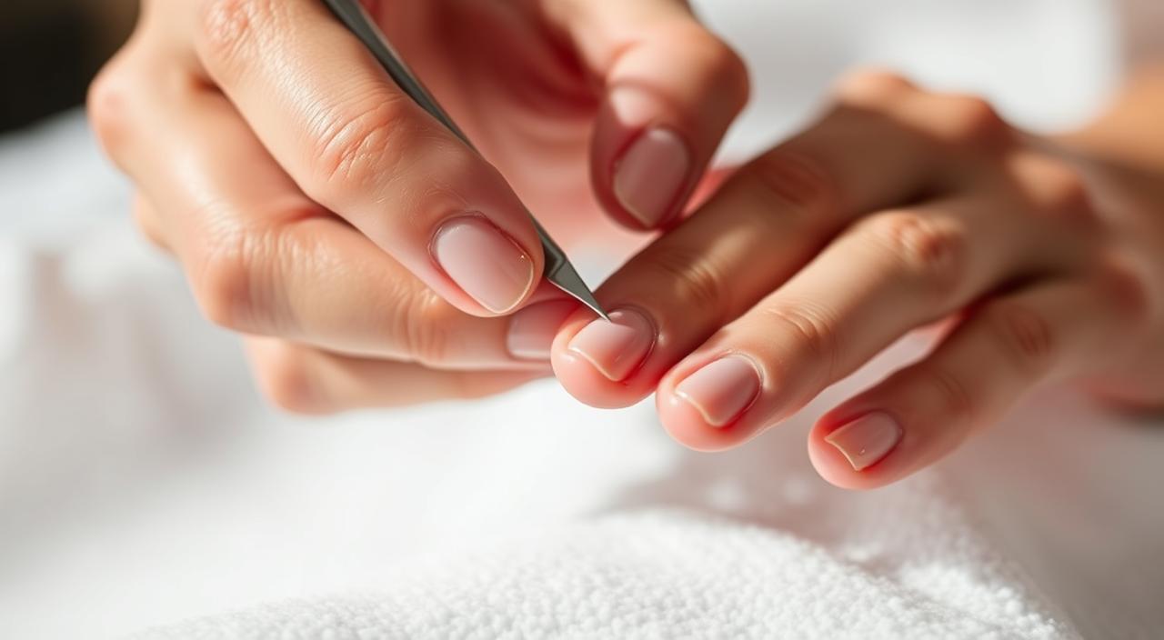 A close-up view of a woman's hands carefully removing gel nail polish. The fingers are delicately holding a small metal tool, gently scraping away the glossy coating to reveal the natural nail underneath. The lighting is soft and diffused, creating gentle shadows that accentuate the texture and details of the nails. The background is blurred, keeping the focus on the intricate process of nail removal. The overall atmosphere is one of concentration and precision, with a calming, spa-like ambiance.