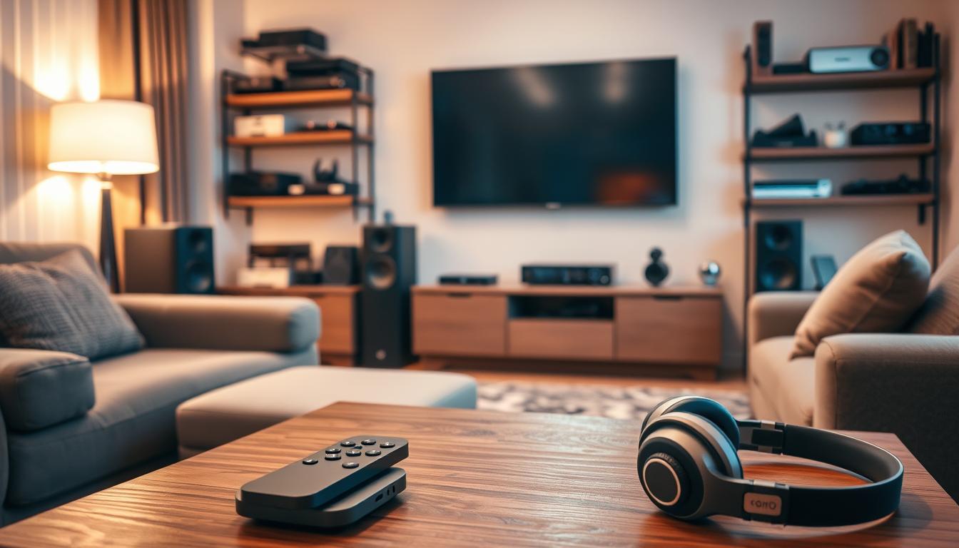 A cozy living room scene with a modern television set, a comfortable sofa, and various multimedia devices neatly arranged. The room is illuminated by warm, soft lighting, creating a welcoming and relaxed atmosphere. In the foreground, a coffee table displays a remote control, streaming device, and a pair of high-quality headphones, highlighting the essential equipment needed for an immersive viewing experience. The middle ground features the TV, mounted on the wall, its sleek design blending seamlessly with the room's decor. In the background, shelves hold a variety of media storage devices, speakers, and other accessories, providing a comprehensive setup for a home entertainment system.