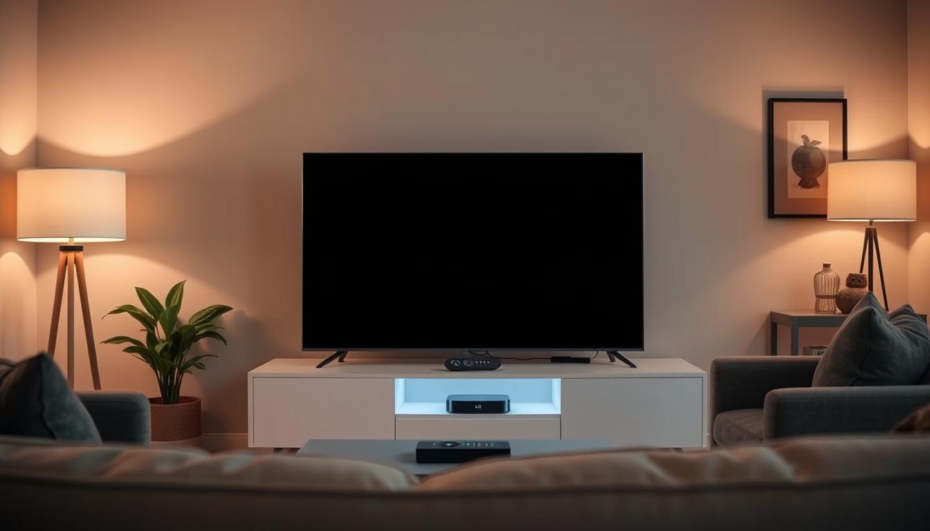 A cozy living room setting with a large, high-definition TV screen taking center stage. Soft, warm lighting from a nearby lamp casts a gentle glow, creating a relaxing ambiance. In the foreground, a comfortable couch and armchair invite viewers to sink in and enjoy the streaming experience. The middle ground features a minimalist, modern media console housing the streaming device and various remote controls. The background showcases a tasteful, neutral-toned wall decor, adding depth and a sense of sophistication to the scene. The overall atmosphere exudes a sense of ease, comfort, and immersion in the digital entertainment experience. A cozy living room setting with a large, high-definition TV screen taking center stage. Soft, warm lighting from a nearby lamp casts a gentle glow, creating a relaxing ambiance. In the foreground, a comfortable couch and armchair invite viewers to sink in and enjoy the streaming experience. The middle ground features a minimalist, modern media console housing the streaming device and various remote controls. The background showcases a tasteful, neutral-toned wall decor, adding depth and a sense of sophistication to the scene. The overall atmosphere exudes a sense of ease, comfort, and immersion in the digital entertainment experience.
