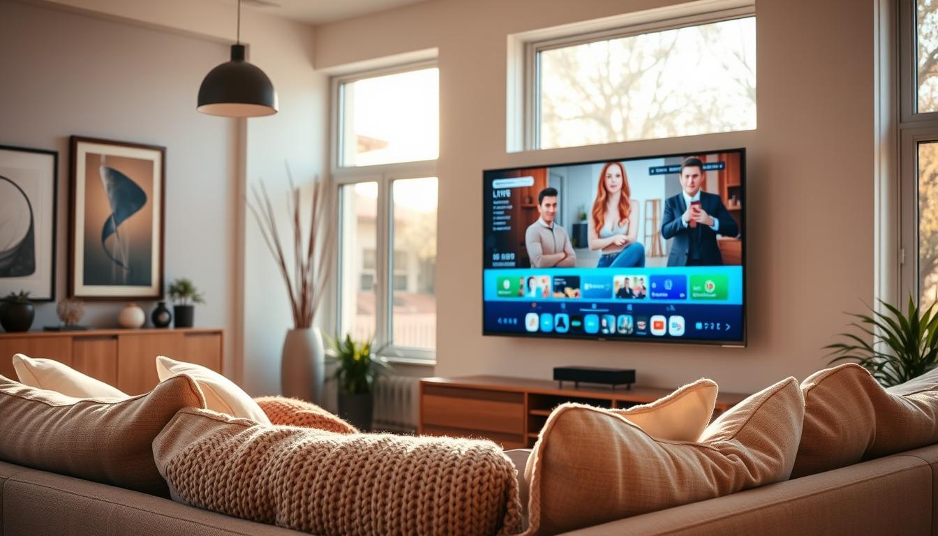 A cozy living room with a large flat-screen TV mounted on the wall, displaying a vibrant, high-definition live stream of a popular television program. In the foreground, a comfortable couch with plush cushions and a knitted throw blanket invites viewers to relax and immerse themselves in the content. Natural light filters in through large windows, creating a warm and inviting atmosphere. The room is tastefully decorated with modern art pieces and potted plants, suggesting a contemporary and stylish living space. The overall scene conveys a sense of convenience and accessibility, highlighting the ease of watching live television programs online without the need for traditional cable or satellite services.