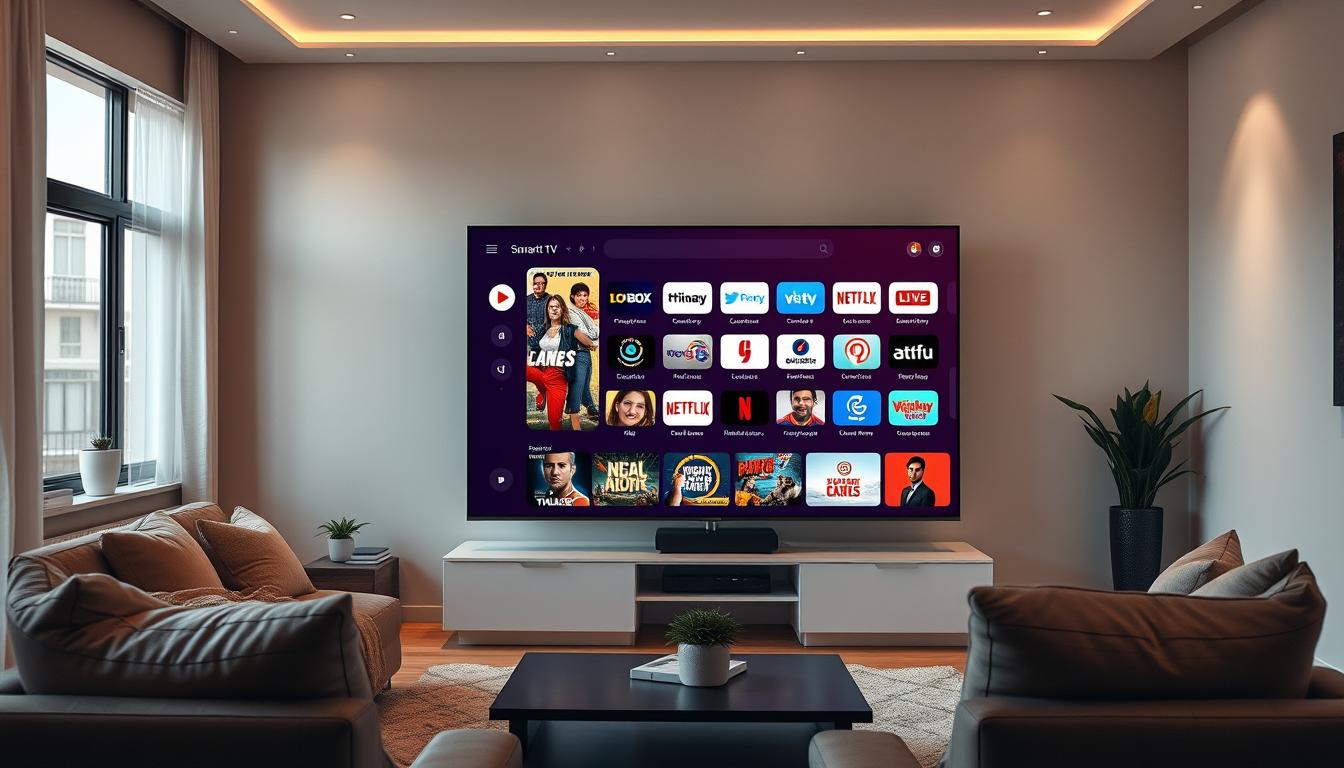 A cozy living room with a large, state-of-the-art smart TV screen dominating the center. Various streaming app icons are tastefully displayed on the screen, reflecting the diverse range of online TV options available. The room is well-lit, with a warm, inviting ambiance created by soft, indirect lighting. The walls feature minimalist, contemporary decor, complementing the sleek, modern aesthetic of the TV setup. The overall scene conveys a sense of effortless entertainment and customizable viewing experiences, capturing the essence of "Criando sua própria grade de programação".