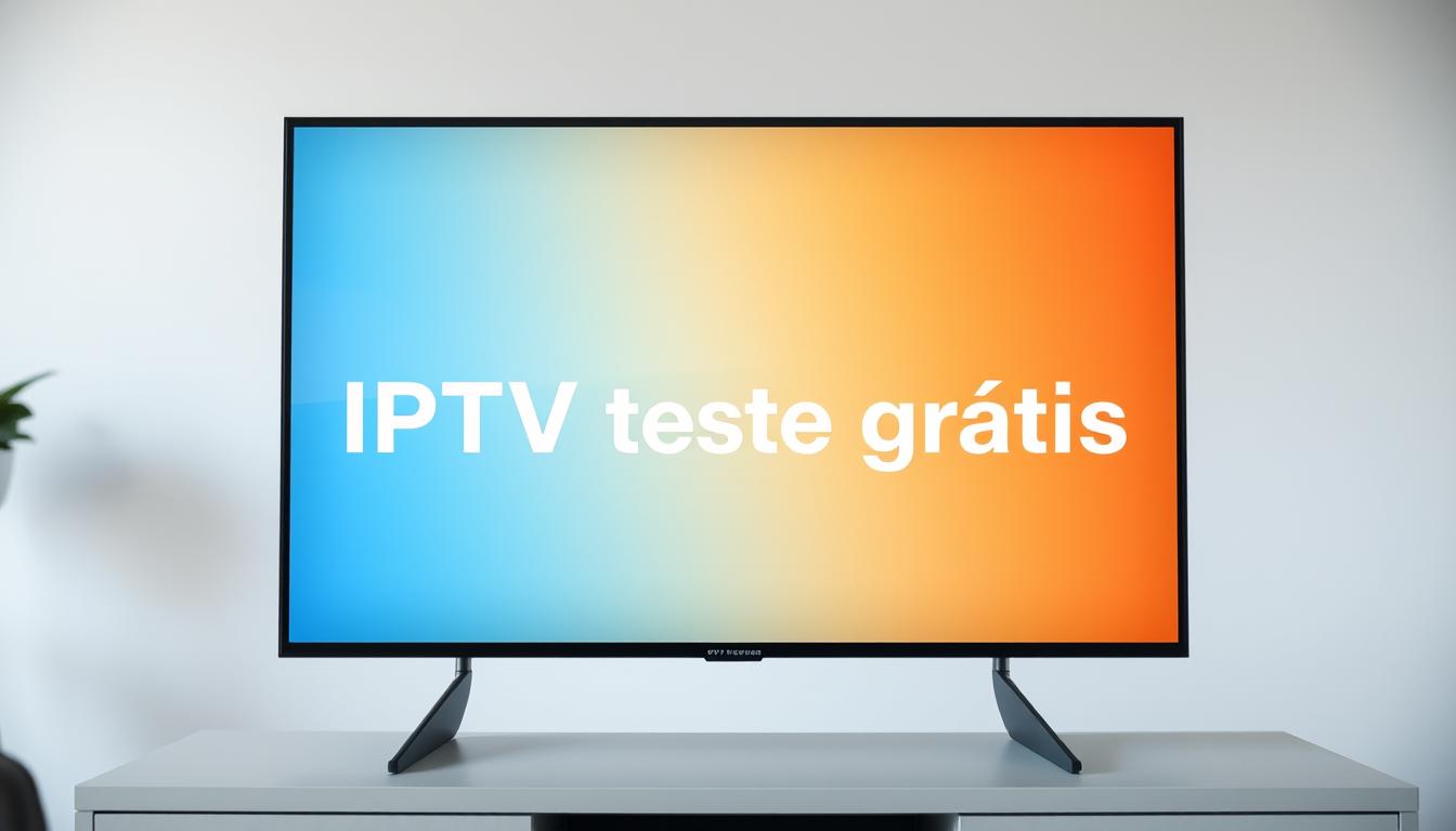 A crisp, high-resolution image of the "IPTV teste grátis" text displayed on a modern, minimalist TV screen or smart device. The screen is set against a clean, neutral background, perhaps a simple gradient or blurred office setting, to keep the focus on the text and technology. The lighting is soft and natural, highlighting the screen's clarity and vivid colors. The camera angle is positioned slightly above the screen, creating a sense of approachability and accessibility. The overall mood is one of simplicity, clarity, and the promise of limitless entertainment possibilities. A crisp, high-resolution image of the "IPTV teste grátis" text displayed on a modern, minimalist TV screen or smart device. The screen is set against a clean, neutral background, perhaps a simple gradient or blurred office setting, to keep the focus on the text and technology. The lighting is soft and natural, highlighting the screen's clarity and vivid colors. The camera angle is positioned slightly above the screen, creating a sense of approachability and accessibility. The overall mood is one of simplicity, clarity, and the promise of limitless entertainment possibilities.