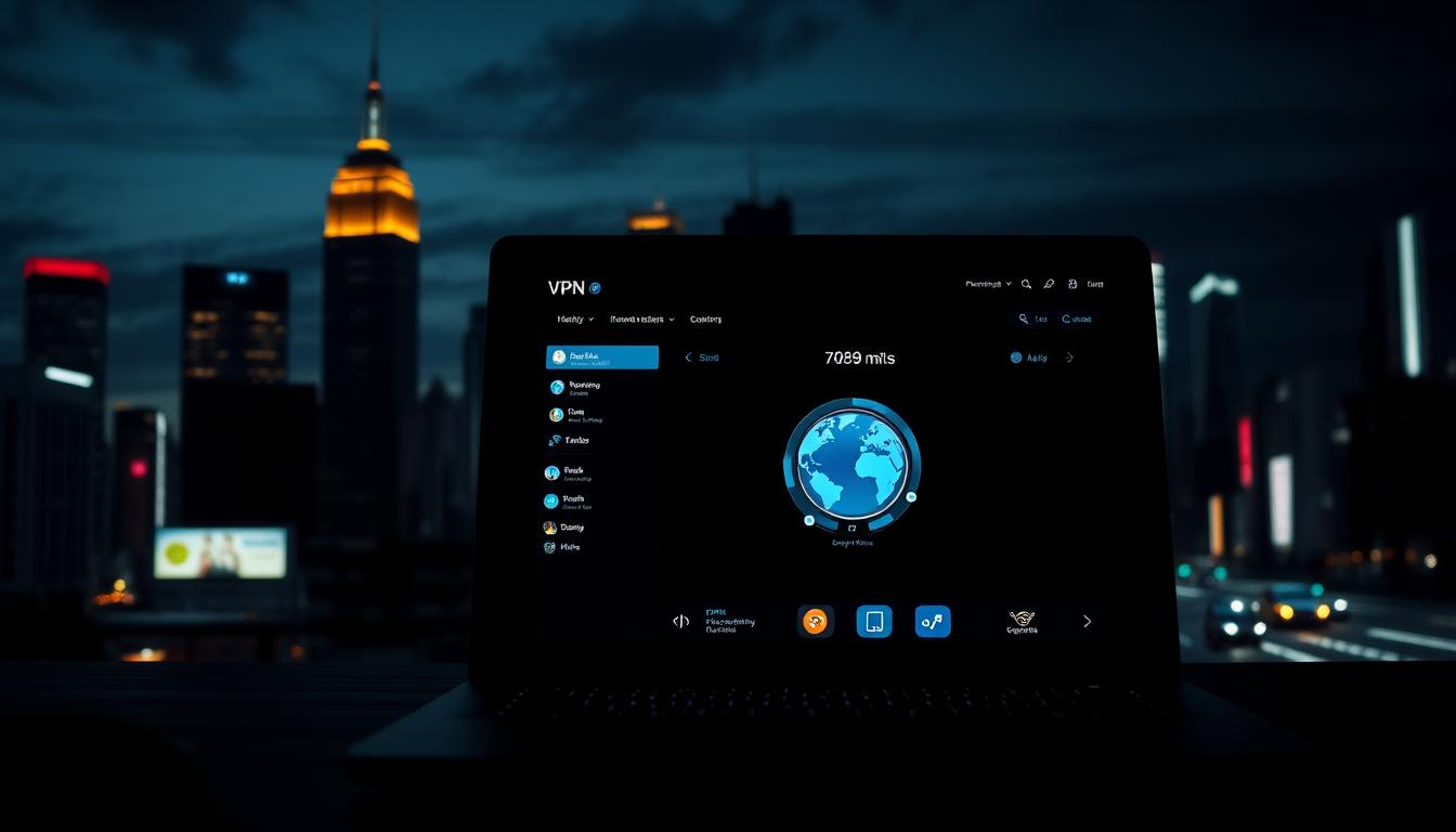 A dark, high-contrast scene depicting a virtual private network (VPN) interface providing access to international content. In the foreground, a laptop screen displays a VPN connection dashboard with stylized globe iconography. The background features a cityscape skyline with towering skyscrapers and neon signs, suggesting a bustling, globalized metropolis. The overall mood is one of technological empowerment, with dramatic lighting and shadows emphasizing the secure, encrypted nature of the VPN connection. The image should convey the idea of overcoming geographic content restrictions through the use of a VPN.