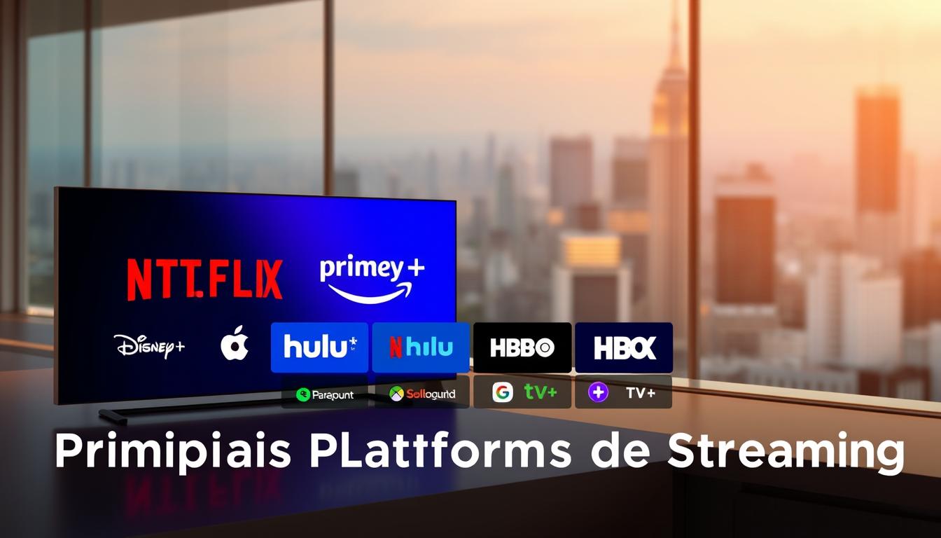 A dynamic, immersive composition showcasing the principal streaming platforms. In the foreground, large, vibrant icons representing popular services like Netflix, Amazon Prime Video, Disney+, and Hulu stand out against a sleek, minimalist background. The middle ground features smaller icons for emerging platforms like Paramount+, HBO Max, and Apple TV+, arranged in an elegant grid layout. The background is a softly blurred cityscape, hinting at the global reach and accessibility of these digital entertainment hubs. Warm, inviting lighting creates a sense of modernity and technological sophistication, while the overall layout is balanced and visually striking, capturing the essence of the "Principais Plataformas de Streaming" section. A dynamic, immersive composition showcasing the principal streaming platforms. In the foreground, large, vibrant icons representing popular services like Netflix, Amazon Prime Video, Disney+, and Hulu stand out against a sleek, minimalist background. The middle ground features smaller icons for emerging platforms like Paramount+, HBO Max, and Apple TV+, arranged in an elegant grid layout. The background is a softly blurred cityscape, hinting at the global reach and accessibility of these digital entertainment hubs. Warm, inviting lighting creates a sense of modernity and technological sophistication, while the overall layout is balanced and visually striking, capturing the essence of the "Principais Plataformas de Streaming" section.