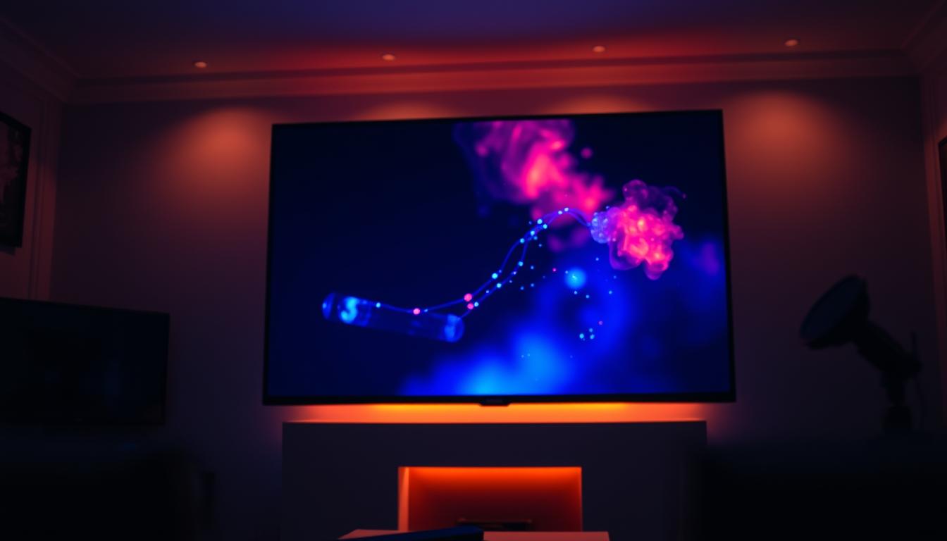 A high-quality 32-inch television screen displaying a vibrant, detailed image. The screen is set against a dimly lit living room, with soft, warm lighting creating a cozy, inviting atmosphere. The television's display showcases a crisp, clear picture with rich, accurate colors and deep blacks, providing an immersive viewing experience. The screen is angled slightly towards the viewer, highlighting the sharp contrast and wide viewing angles. The television's sleek, modern design blends seamlessly with the room's decor, complementing the overall aesthetic. The scene conveys a sense of comfort and visual excellence, perfectly capturing the essence of a superior 32-inch television's image quality. A high-quality 32-inch television screen displaying a vibrant, detailed image. The screen is set against a dimly lit living room, with soft, warm lighting creating a cozy, inviting atmosphere. The television's display showcases a crisp, clear picture with rich, accurate colors and deep blacks, providing an immersive viewing experience. The screen is angled slightly towards the viewer, highlighting the sharp contrast and wide viewing angles. The television's sleek, modern design blends seamlessly with the room's decor, complementing the overall aesthetic. The scene conveys a sense of comfort and visual excellence, perfectly capturing the essence of a superior 32-inch television's image quality.