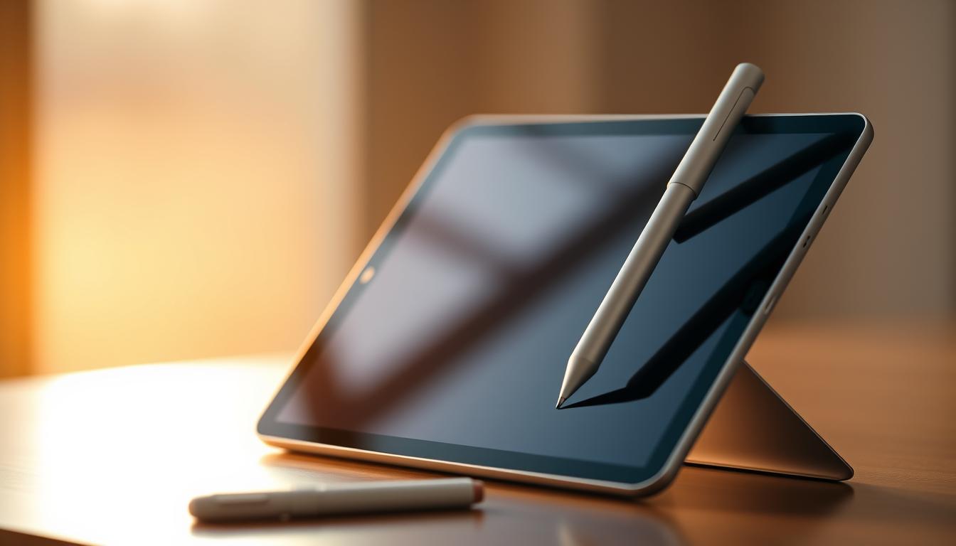 A high-quality iPad with Apple Pencil, positioned prominently in the foreground, showcasing its sleek design and intuitive touch interface. The iPad is displayed at a slight angle, capturing its elegant silhouette and the smooth, reflective surface of the display. The background is softly blurred, emphasizing the device as the main focal point. Warm, diffused lighting from the side creates subtle shadows and highlights, accentuating the iPad's premium aesthetic. The overall composition conveys a sense of creativity, productivity, and the versatility of the iPad as a premier digital drawing and sketching device.
