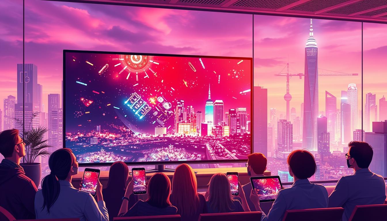 A high-resolution digital illustration depicting the advantages of IPTV, showcasing a vibrant, futuristic cityscape in the background. In the foreground, a group of people joyfully watching a large, ultra-high-definition live broadcast on a sleek, modern television set, bathed in warm, soft lighting. The middle ground features various IPTV-enabled devices, such as smartphones and tablets, displaying seamless live content in crystal-clear quality. The overall atmosphere conveys the convenience, accessibility, and superior viewing experience of IPTV technology.