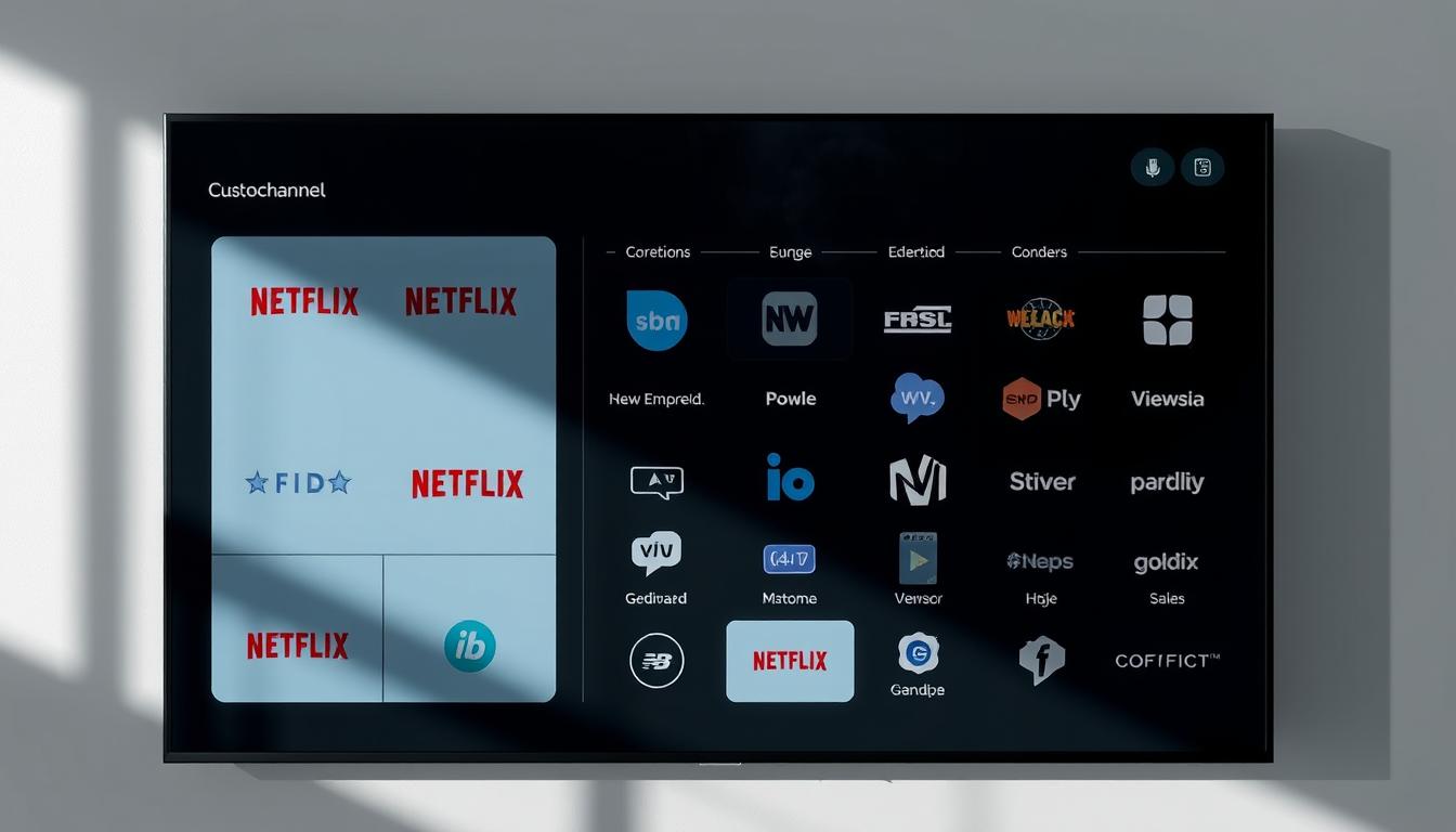 A modern and minimalist custom channel grid layout, showcasing a variety of streaming service icons and logos in a clean, organized arrangement. The grid features a sleek, high-contrast design with sharp edges and a subtle, soothing color palette that complements the digital aesthetic. The arrangement is balanced and visually appealing, with each element positioned intentionally to create a sense of harmony and cohesion. The lighting is soft and indirect, casting gentle shadows that add depth and dimension to the scene. The overall mood is one of sophistication and control, reflecting the user's ability to curate their own personalized viewing experience. A modern and minimalist custom channel grid layout, showcasing a variety of streaming service icons and logos in a clean, organized arrangement. The grid features a sleek, high-contrast design with sharp edges and a subtle, soothing color palette that complements the digital aesthetic. The arrangement is balanced and visually appealing, with each element positioned intentionally to create a sense of harmony and cohesion. The lighting is soft and indirect, casting gentle shadows that add depth and dimension to the scene. The overall mood is one of sophistication and control, reflecting the user's ability to curate their own personalized viewing experience.