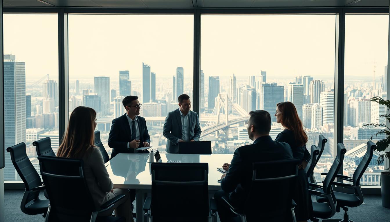 A modern and well-lit office interior with a large window overlooking a bustling urban landscape. In the foreground, a team of businesspeople engaged in an earnest discussion, their expressions focused and determined. The middle ground features a sleek conference table surrounded by ergonomic chairs, a digital whiteboard, and other state-of-the-art office equipment. In the background, the cityscape beyond the window is visible, with skyscrapers, bridges, and other landmarks creating a dynamic and vibrant setting. The overall atmosphere conveys a sense of productivity, innovation, and the strategic analysis of a business's ideal location. A modern and well-lit office interior with a large window overlooking a bustling urban landscape. In the foreground, a team of businesspeople engaged in an earnest discussion, their expressions focused and determined. The middle ground features a sleek conference table surrounded by ergonomic chairs, a digital whiteboard, and other state-of-the-art office equipment. In the background, the cityscape beyond the window is visible, with skyscrapers, bridges, and other landmarks creating a dynamic and vibrant setting. The overall atmosphere conveys a sense of productivity, innovation, and the strategic analysis of a business's ideal location.