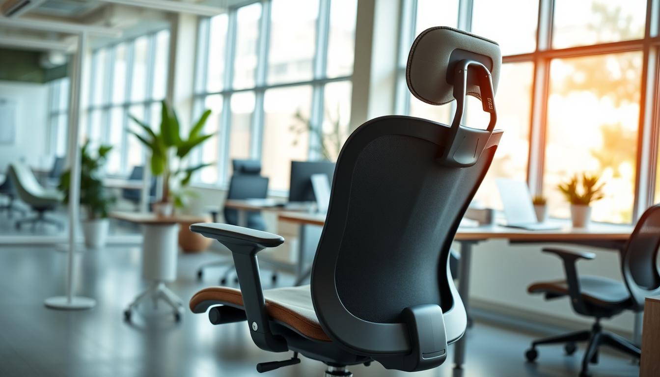 A modern, bright office interior with a comfortable, ergonomic office chair in the foreground. The chair has a contoured backrest, padded seat, and adjustable height and tilt features. In the middle ground, a desk with a laptop, paperwork, and office supplies. The background features large windows with natural light streaming in, and minimalist decor elements like potted plants. The scene conveys a sense of productivity, comfort, and attention to detail in the office environment. Shot with a wide-angle lens to capture the spatial relationships, with warm, diffused lighting that creates a welcoming atmosphere.