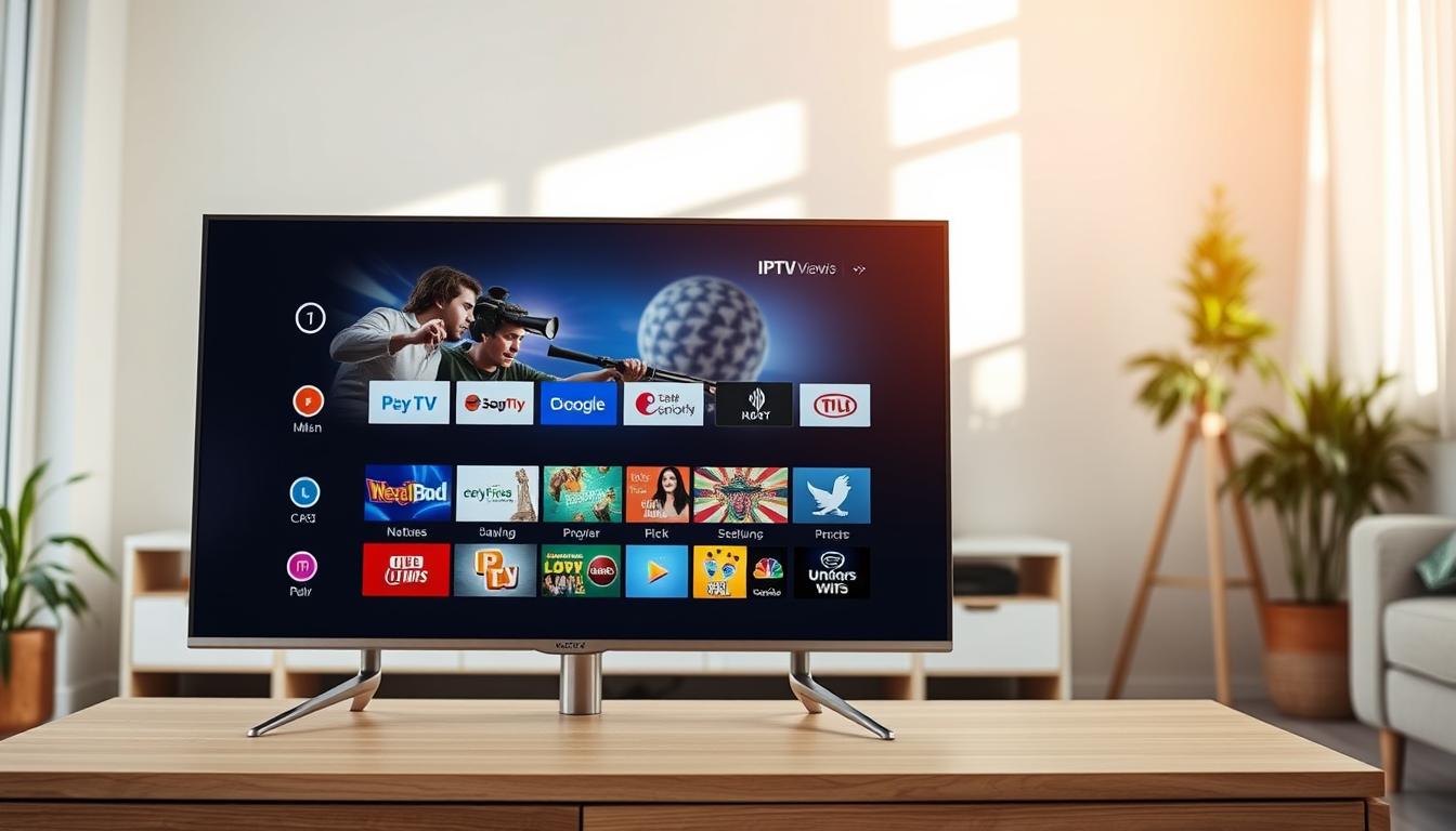 A modern digital TV set displaying a selection of various IPTV channels and services on its screen, showcasing a wide range of content and entertainment options. The TV is placed on a clean, minimalist wooden table in a bright, airy living room setting. Warm, natural lighting fills the scene, creating a welcoming and inviting atmosphere. The TV's display features clear, high-definition visuals and an intuitive user interface, making it easy to navigate and explore the available IPTV offerings. The overall scene conveys a sense of simplicity, technology, and the convenience of accessing a diverse range of TV content without the need for traditional cable or satellite subscriptions. A modern digital TV set displaying a selection of various IPTV channels and services on its screen, showcasing a wide range of content and entertainment options. The TV is placed on a clean, minimalist wooden table in a bright, airy living room setting. Warm, natural lighting fills the scene, creating a welcoming and inviting atmosphere. The TV's display features clear, high-definition visuals and an intuitive user interface, making it easy to navigate and explore the available IPTV offerings. The overall scene conveys a sense of simplicity, technology, and the convenience of accessing a diverse range of TV content without the need for traditional cable or satellite subscriptions.