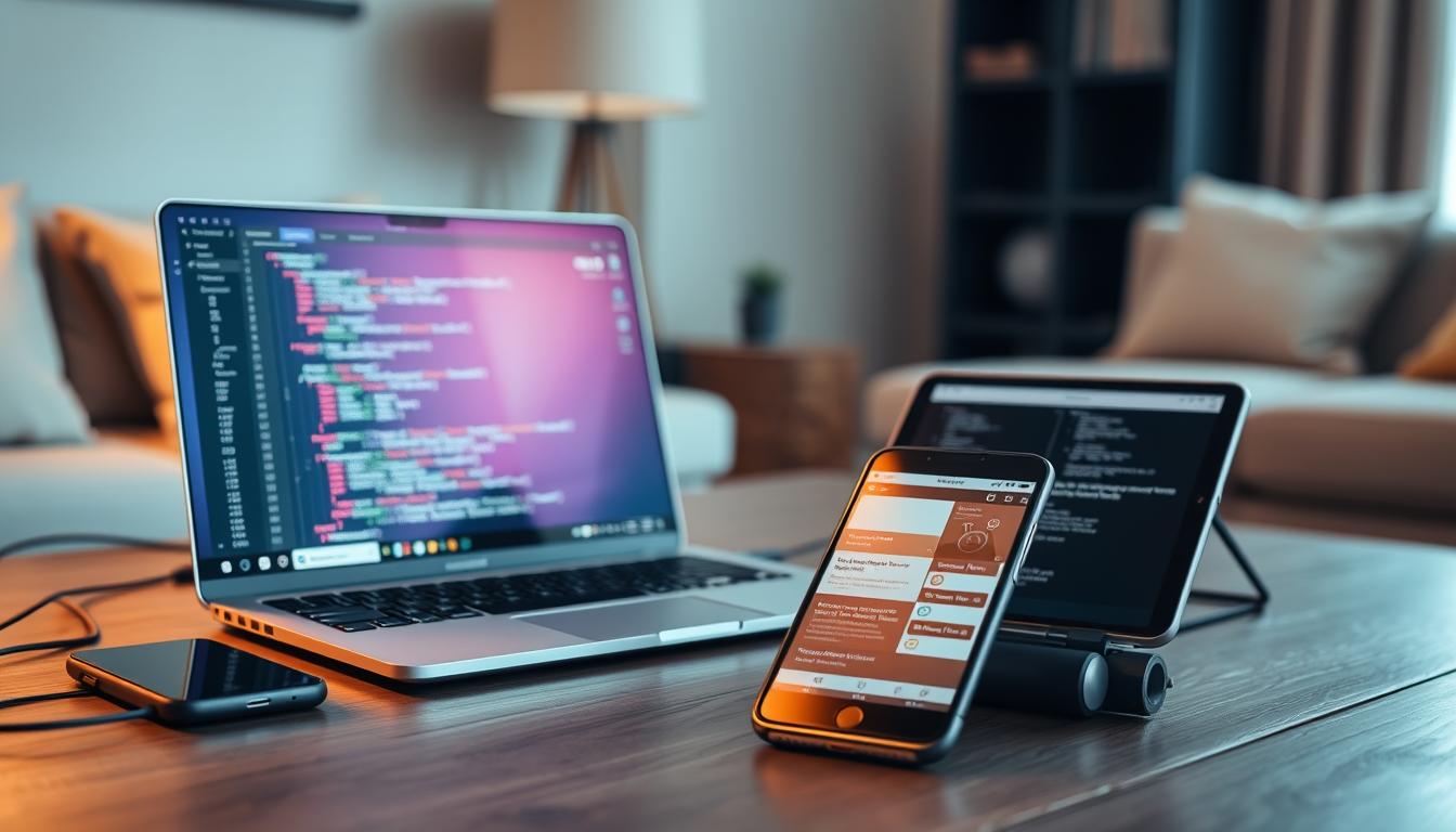 A modern home office setup with a laptop, smartphone, and tablet connected to a wireless network. The laptop screen displays programming code, while the smartphone and tablet show various programming applications and resources. The lighting is warm and natural, with soft shadows and highlights accentuating the sleek, minimalist design of the devices. The background is a blurred, out-of-focus view of a comfortable living space, hinting at the convenience and accessibility of online programming from the comfort of one's own home. A modern home office setup with a laptop, smartphone, and tablet connected to a wireless network. The laptop screen displays programming code, while the smartphone and tablet show various programming applications and resources. The lighting is warm and natural, with soft shadows and highlights accentuating the sleek, minimalist design of the devices. The background is a blurred, out-of-focus view of a comfortable living space, hinting at the convenience and accessibility of online programming from the comfort of one's own home.