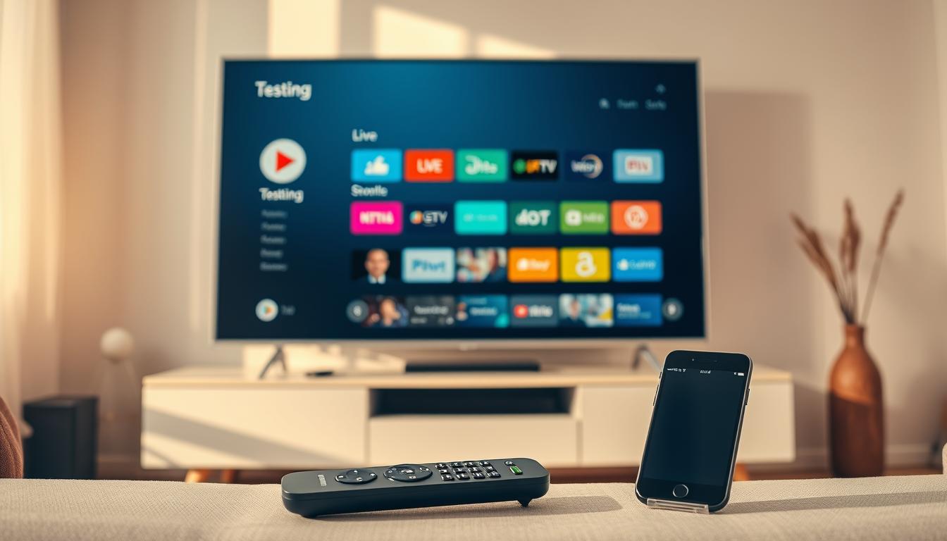 A modern living room setup with a sleek, minimalist TV display prominently showcased. The TV screen displays a testing interface for an IPTV service, featuring various live channels and streaming options. In the foreground, a wireless remote control and a smartphone or tablet are positioned, emphasizing the convenience and accessibility of the IPTV experience. The room is bathed in warm, natural lighting, creating a cozy and inviting atmosphere. The overall scene conveys the simplicity and practicality of testing an IPTV service before committing to a subscription. A modern living room setup with a sleek, minimalist TV display prominently showcased. The TV screen displays a testing interface for an IPTV service, featuring various live channels and streaming options. In the foreground, a wireless remote control and a smartphone or tablet are positioned, emphasizing the convenience and accessibility of the IPTV experience. The room is bathed in warm, natural lighting, creating a cozy and inviting atmosphere. The overall scene conveys the simplicity and practicality of testing an IPTV service before committing to a subscription.