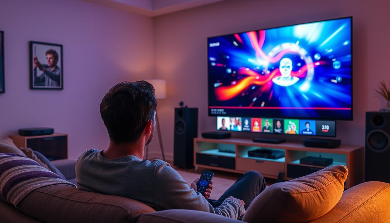 A modern living room with a large flatscreen TV prominently displayed, surrounded by various streaming devices and remote controls. The room is bathed in a warm, ambient lighting, creating a cozy and inviting atmosphere. In the foreground, a person is seated comfortably on a plush sofa, intently watching the TV screen, which displays a dynamic, high-quality video stream. The overall scene conveys the ease and convenience of modern streaming entertainment, free from the constraints of traditional cable or antenna-based television.