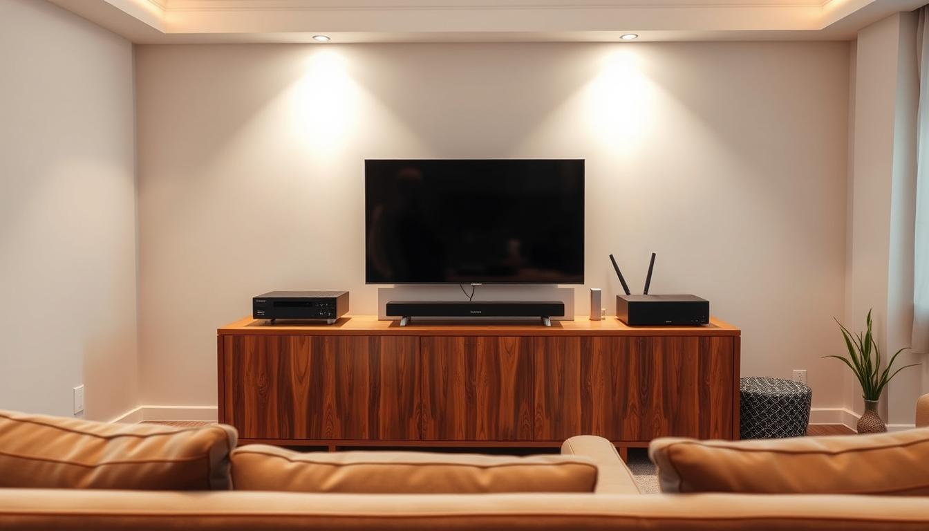 A modern living room with a large, high-definition television set centered on a wooden cabinet. The room is bathed in warm, diffused lighting, creating a cozy and inviting atmosphere. On the cabinet, various audio-visual components are neatly arranged, including a sleek media player, a sound bar, and a wireless router. The television screen displays a clear, vibrant image, showcasing the stable, high-quality performance. In the foreground, a comfortable couch and armchair invite viewers to sit and enjoy the entertainment. The overall scene conveys a sense of tech-savvy elegance and a focus on creating an optimal television viewing experience. A modern living room with a large, high-definition television set centered on a wooden cabinet. The room is bathed in warm, diffused lighting, creating a cozy and inviting atmosphere. On the cabinet, various audio-visual components are neatly arranged, including a sleek media player, a sound bar, and a wireless router. The television screen displays a clear, vibrant image, showcasing the stable, high-quality performance. In the foreground, a comfortable couch and armchair invite viewers to sit and enjoy the entertainment. The overall scene conveys a sense of tech-savvy elegance and a focus on creating an optimal television viewing experience.