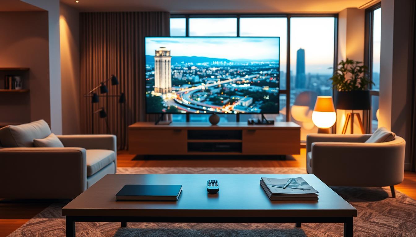 A modern living room with a large, state-of-the-art smart TV as the focal point. The room is bathed in warm, soft lighting, creating a cozy and inviting atmosphere. In the foreground, a minimalist coffee table with a sleek remote control and a few magazines, hinting at the seamless interaction with the TV. The middle ground features a comfortable sofa and armchair, arranged to provide the optimal viewing experience. The background showcases large windows, allowing natural light to filter in and offering a glimpse of a vibrant, urban landscape outside, emphasizing the integration of the TV with the broader living environment. A modern living room with a large, state-of-the-art smart TV as the focal point. The room is bathed in warm, soft lighting, creating a cozy and inviting atmosphere. In the foreground, a minimalist coffee table with a sleek remote control and a few magazines, hinting at the seamless interaction with the TV. The middle ground features a comfortable sofa and armchair, arranged to provide the optimal viewing experience. The background showcases large windows, allowing natural light to filter in and offering a glimpse of a vibrant, urban landscape outside, emphasizing the integration of the TV with the broader living environment.