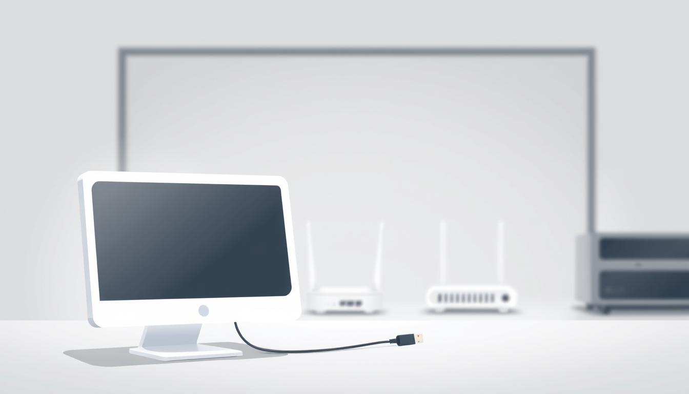 A modern, minimalist illustration depicting the technical requirements for a simple live content viewing connection. In the foreground, a clean, sleek desktop computer or smart device with a simple cable connection. In the middle ground, simple yet effective network components like a router and modem in neutral tones. The background features a soft, blurred, and subtly textured backdrop, conveying a sense of seamless connectivity. The overall mood is one of efficiency, ease, and technological simplicity, reflecting the 
