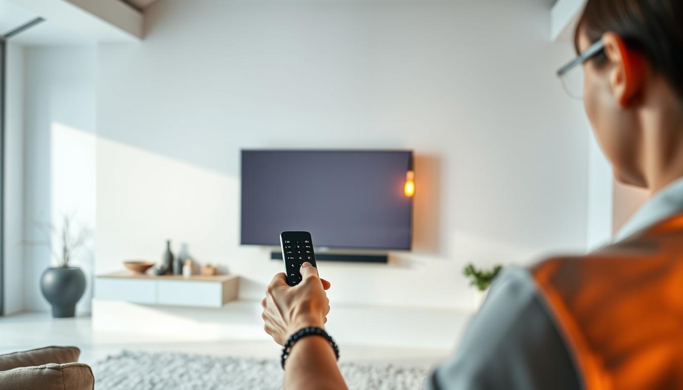 A modern, sleek living room with a large, flat-screen TV as the focal point. The TV is displayed prominently, suspended on a minimalist wall mount, casting a warm glow. In the foreground, a person is holding a remote control, effortlessly navigating the TV's interface. The room is bathed in soft, natural lighting, creating a cozy and inviting atmosphere. The background features simple, modern decor, emphasizing the easy, hassle-free setup and enjoyment of the TV. A modern, sleek living room with a large, flat-screen TV as the focal point. The TV is displayed prominently, suspended on a minimalist wall mount, casting a warm glow. In the foreground, a person is holding a remote control, effortlessly navigating the TV's interface. The room is bathed in soft, natural lighting, creating a cozy and inviting atmosphere. The background features simple, modern decor, emphasizing the easy, hassle-free setup and enjoyment of the TV.