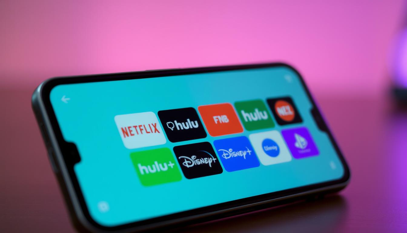 A modern smartphone screen displaying a grid of popular TV streaming app icons, including Netflix, Hulu, Disney+, and others. The screen is backlit with a soft, warm glow, creating a cozy, inviting atmosphere. The apps are displayed in a clean, organized layout, highlighting their accessibility and convenience for mobile TV viewing. The smartphone is positioned at a slight angle, creating a sense of dynamism and movement. The background is slightly blurred, drawing the focus to the prominent app icons on the screen.