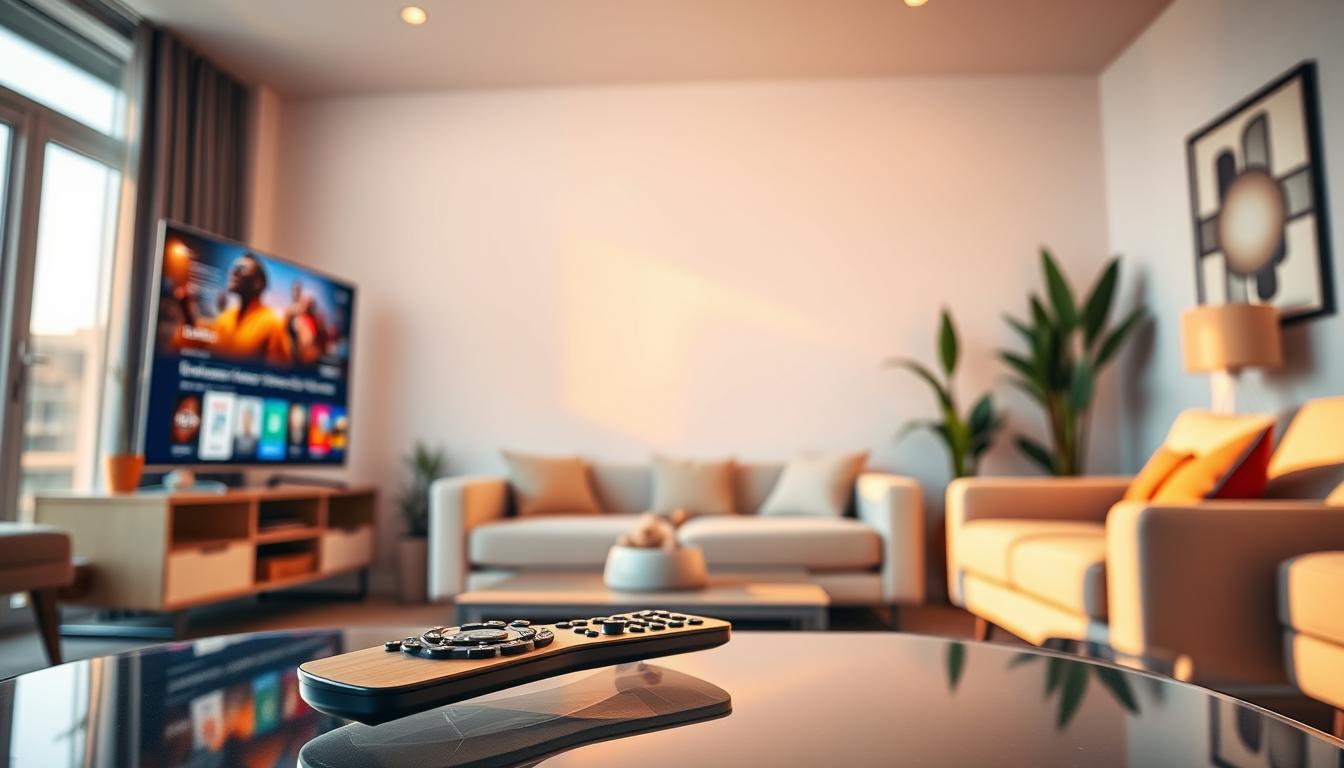 A modern, vibrant living room with a large TV screen showcasing a free IPTV test. The room is bathed in warm, natural lighting, creating a cozy and inviting atmosphere. The TV displays a high-quality live stream, with crisp visuals and vivid colors. In the foreground, a sleek, minimalist remote control lies on a glass coffee table, ready for the user to navigate the IPTV interface. The middle ground features a comfortable couch and armchair, encouraging relaxation and immersion in the content. The background showcases a tasteful, contemporary decor, with geometric wall art and potted plants, complementing the overall aesthetic.