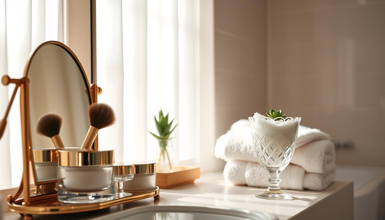 A serene bathroom interior, softly lit by natural light filtering through sheer curtains. In the foreground, an elegant vanity with a mirror reflecting the beauty routine - a jar of luxurious face cream, a delicate brush, and a crystal glass filled with fragrant bath salts. The middle ground features a plush bath towel, neatly folded, and a potted succulent adding a touch of greenery. The background showcases a tranquil, minimalist tiled wall, creating a calming and rejuvenating atmosphere perfect for a self-care ritual.