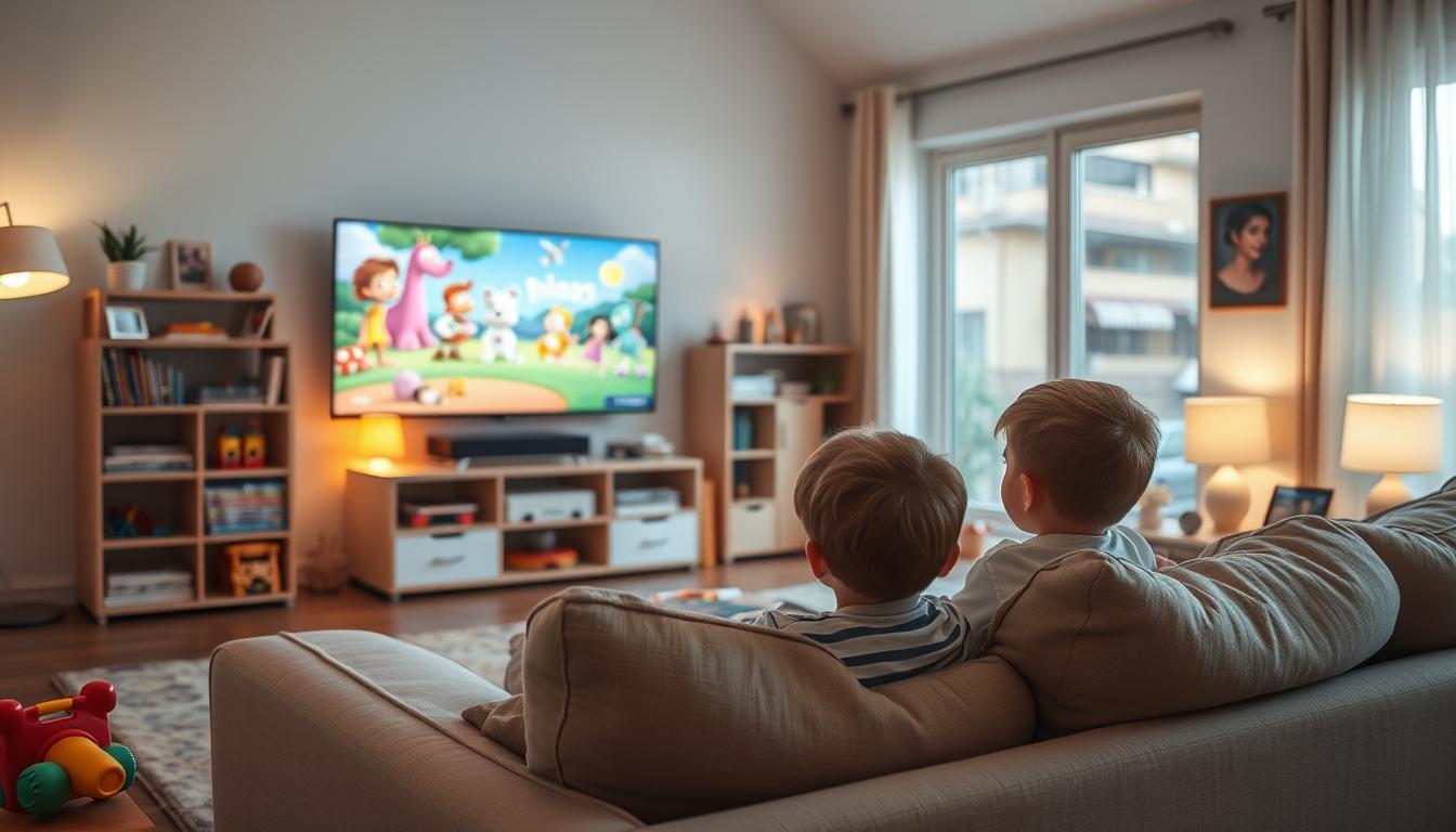 A serene, well-lit living room with a comfortable couch and a large, flat-screen TV. On the TV screen, a vibrant and engaging children's cartoon plays, capturing the attention of a young child sitting on the couch. The child is engrossed in the captivating visuals and enchanting storyline, their face aglow with wonder and delight. The room is decorated with educational toys, shelves of books, and family photos, creating a warm, nurturing environment. Soft, diffused lighting from floor lamps and a large window illuminates the scene, conveying a sense of safety and security. The overall atmosphere is one of contentment, learning, and responsible digital parenting. A serene, well-lit living room with a comfortable couch and a large, flat-screen TV. On the TV screen, a vibrant and engaging children's cartoon plays, capturing the attention of a young child sitting on the couch. The child is engrossed in the captivating visuals and enchanting storyline, their face aglow with wonder and delight. The room is decorated with educational toys, shelves of books, and family photos, creating a warm, nurturing environment. Soft, diffused lighting from floor lamps and a large window illuminates the scene, conveying a sense of safety and security. The overall atmosphere is one of contentment, learning, and responsible digital parenting.