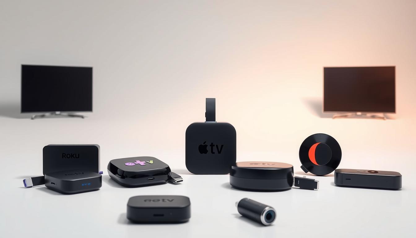 A sleek and modern arrangement of streaming devices against a minimalist backdrop. In the foreground, an array of popular streaming gadgets such as Roku, Fire TV, Apple TV, and Chromecast, each with their distinct designs. The middle ground showcases the seamless integration of these devices, reflecting the versatility of cord-cutting solutions. The background is a clean, white studio setting, highlighting the technological sophistication and user-friendly nature of these streaming tools. Soft, diffused lighting from above casts a warm, inviting glow, emphasizing the streamlined aesthetic and the promise of uninterrupted entertainment at the user's fingertips.