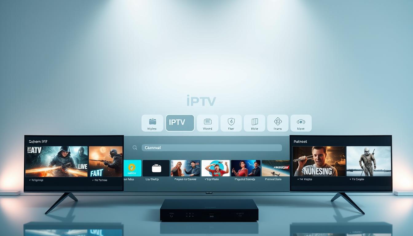 A sleek, modern IPTV package displayed on a minimalist glass and metal interface. In the foreground, a selection of popular live TV channels and on-demand content thumbnails, their icons rendered in a clean, futuristic style. The middle ground features a simplified menu system with intuitive icons and controls, inviting the user to effortlessly navigate the IPTV options. The background showcases a subtle, gradient-based visual motif, lending an air of sophistication and technological prowess. Soft, directional lighting from the sides accentuates the streamlined design, creating depth and highlighting the premium quality of the IPTV service. A sleek, modern IPTV package displayed on a minimalist glass and metal interface. In the foreground, a selection of popular live TV channels and on-demand content thumbnails, their icons rendered in a clean, futuristic style. The middle ground features a simplified menu system with intuitive icons and controls, inviting the user to effortlessly navigate the IPTV options. The background showcases a subtle, gradient-based visual motif, lending an air of sophistication and technological prowess. Soft, directional lighting from the sides accentuates the streamlined design, creating depth and highlighting the premium quality of the IPTV service.