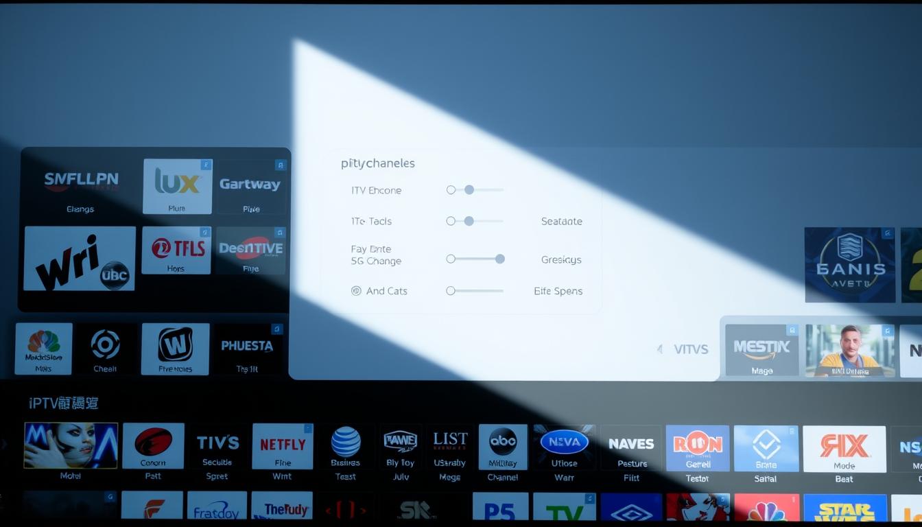 A sleek, modern user interface displaying a comprehensive IPTV programming guide. In the foreground, a crisp, high-resolution grid showcases various TV channels, with clear channel logos and vivid thumbnails. The middle ground features a clean, minimalist design with intuitive controls and filtering options, allowing seamless navigation through the programming schedule. The background subtly blends a soft, gradient-based color scheme, creating a visually appealing and calming atmosphere. Lighting is natural and diffused, emphasizing the clarity and legibility of the interface. The overall composition conveys a sense of professionalism, functionality, and easy accessibility to the viewer's desired content. A sleek, modern user interface displaying a comprehensive IPTV programming guide. In the foreground, a crisp, high-resolution grid showcases various TV channels, with clear channel logos and vivid thumbnails. The middle ground features a clean, minimalist design with intuitive controls and filtering options, allowing seamless navigation through the programming schedule. The background subtly blends a soft, gradient-based color scheme, creating a visually appealing and calming atmosphere. Lighting is natural and diffused, emphasizing the clarity and legibility of the interface. The overall composition conveys a sense of professionalism, functionality, and easy accessibility to the viewer's desired content.