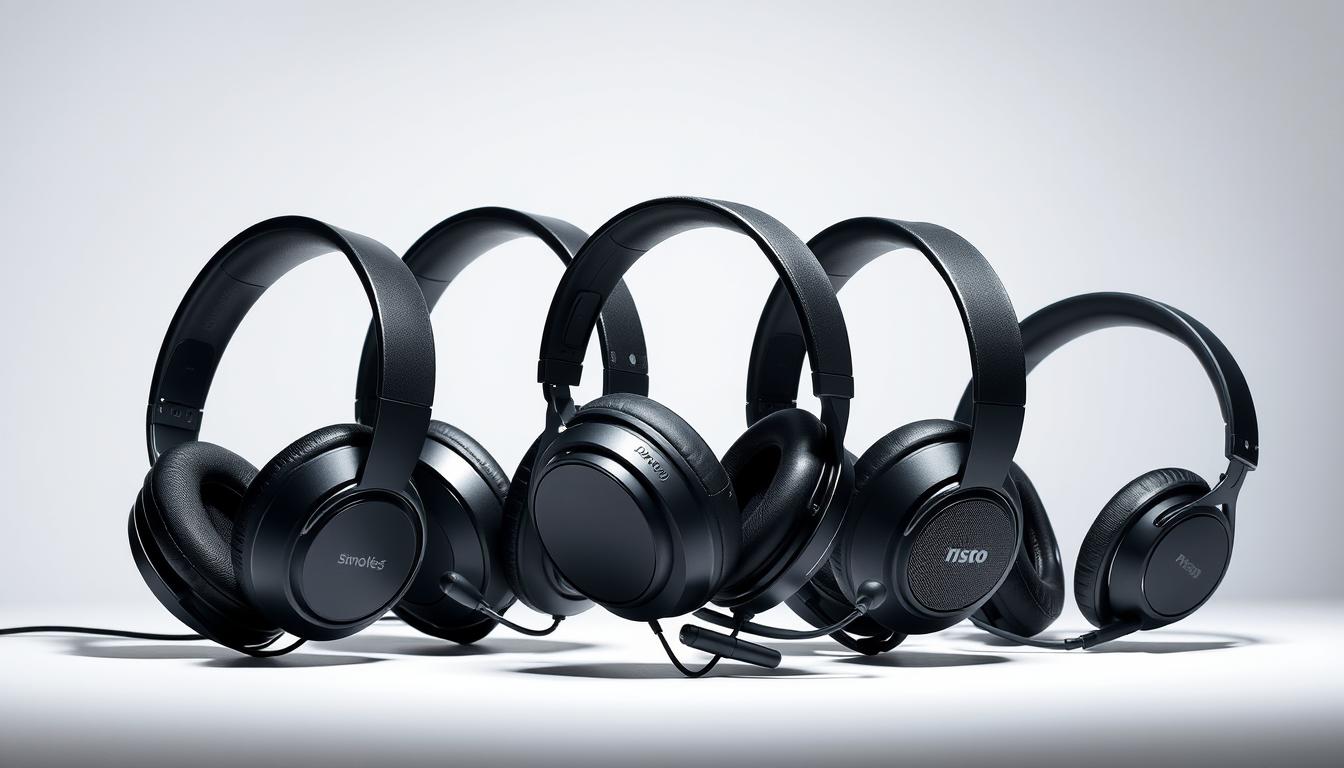 A sleek, professional-looking arrangement of high-quality headset models from leading audio brands. Set against a clean, minimalist background with soft, directional lighting to highlight the headsets' design and materials. The headsets should be depicted from various angles, showcasing their key features and overall aesthetic appeal. The composition should convey a sense of sophistication, quality, and attention to detail - reflecting the "best value" headset options for the informed consumer.