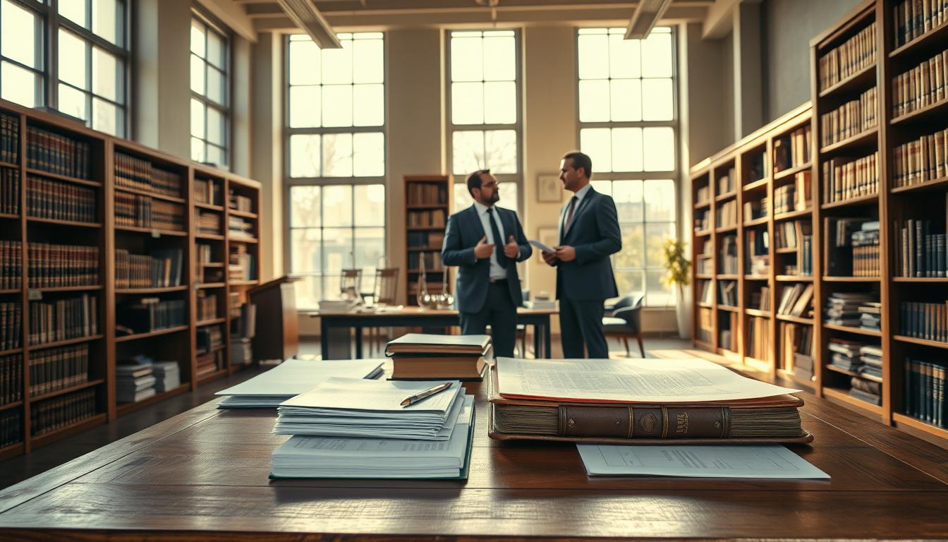 A sprawling office interior bathed in warm, natural light streaming through large windows. A sturdy wooden desk stands in the foreground, its surface covered with neatly organized business documents and a well-worn leather-bound ledger. Bookshelves line the walls, their shelves filled with legal tomes and financial records. In the middle ground, two professionals in formal attire are engaged in a thoughtful discussion, gesturing towards the documents before them. The atmosphere is one of efficiency and attention to detail, conveying the importance of maintaining meticulous records of company stakeholders and executives.