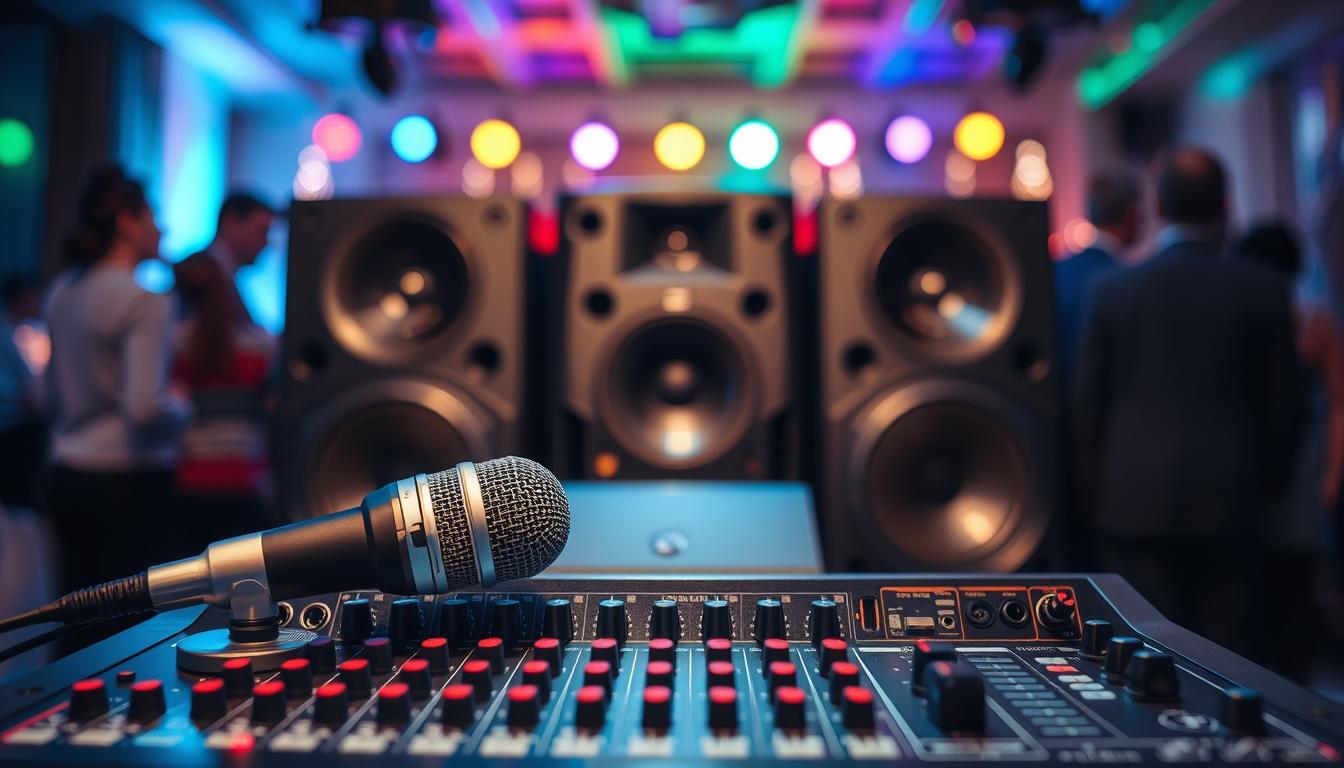 A well-lit close-up of a karaoke sound system, centered in the frame. The foreground features a microphone, audio mixer, and various input/output ports for connecting devices. The middle ground showcases the speaker system, with multiple speakers of varying sizes arranged artfully. The background subtly hints at a festive party setting, with colored lighting and blurred silhouettes of people in the distance. The overall image conveys a sense of professional-grade audio equipment ready to deliver high-quality karaoke performance. A well-lit close-up of a karaoke sound system, centered in the frame. The foreground features a microphone, audio mixer, and various input/output ports for connecting devices. The middle ground showcases the speaker system, with multiple speakers of varying sizes arranged artfully. The background subtly hints at a festive party setting, with colored lighting and blurred silhouettes of people in the distance. The overall image conveys a sense of professional-grade audio equipment ready to deliver high-quality karaoke performance.
