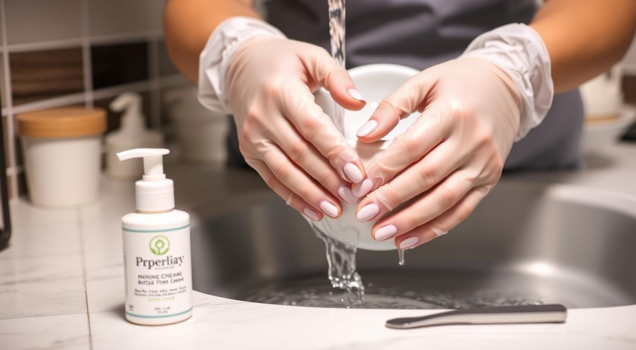 A well-lit close-up shot of a woman's hands wearing rubber gloves, gently scrubbing a porcelain dish under running water. The skin on her fingers is smooth and hydrated, her nails neatly trimmed and painted a soft pastel color. The kitchen countertop is tidy and organized, with a bottle of hand cream and a nail file in the foreground, suggesting practical tips for maintaining healthy, chip-resistant nails while doing chores. The composition highlights the hands as the focal point, emphasizing the importance of hand care and nail protection during routine household tasks.