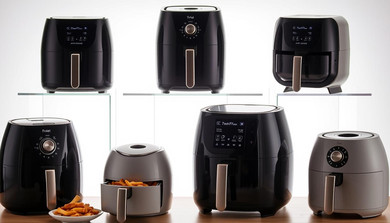 A well-lit, high-quality product shot of several air fryers arranged in a visually appealing composition. The air fryers should be shown from various angles, highlighting their key features such as control panels, capacity, and design elements. The background should be clean and uncluttered, with a soft, diffused lighting that creates a sense of depth and atmosphere. The overall mood should be one of informative professionalism, conveying the "Principais características a considerar" for the best air fryer purchase. A well-lit, high-quality product shot of several air fryers arranged in a visually appealing composition. The air fryers should be shown from various angles, highlighting their key features such as control panels, capacity, and design elements. The background should be clean and uncluttered, with a soft, diffused lighting that creates a sense of depth and atmosphere. The overall mood should be one of informative professionalism, conveying the "Principais características a considerar" for the best air fryer purchase.