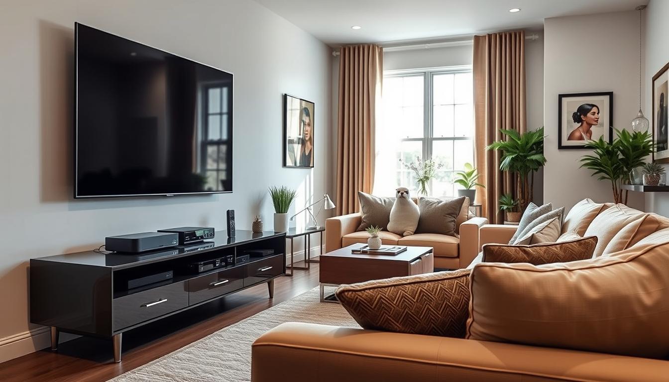 A well-lit, modern living room with a large, sleek TV mounted on the wall. In the foreground, an elegant, minimalist media stand or entertainment center holds various streaming devices and remote controls. The middle ground features plush, comfortable seating arranged in a cozy layout, inviting viewers to settle in and enjoy their chosen content. The background showcases tasteful decor, such as potted plants, artwork, and perhaps a window offering a pleasant outdoor view. The overall atmosphere is one of sophistication, comfort, and easy access to a wide range of entertainment options.