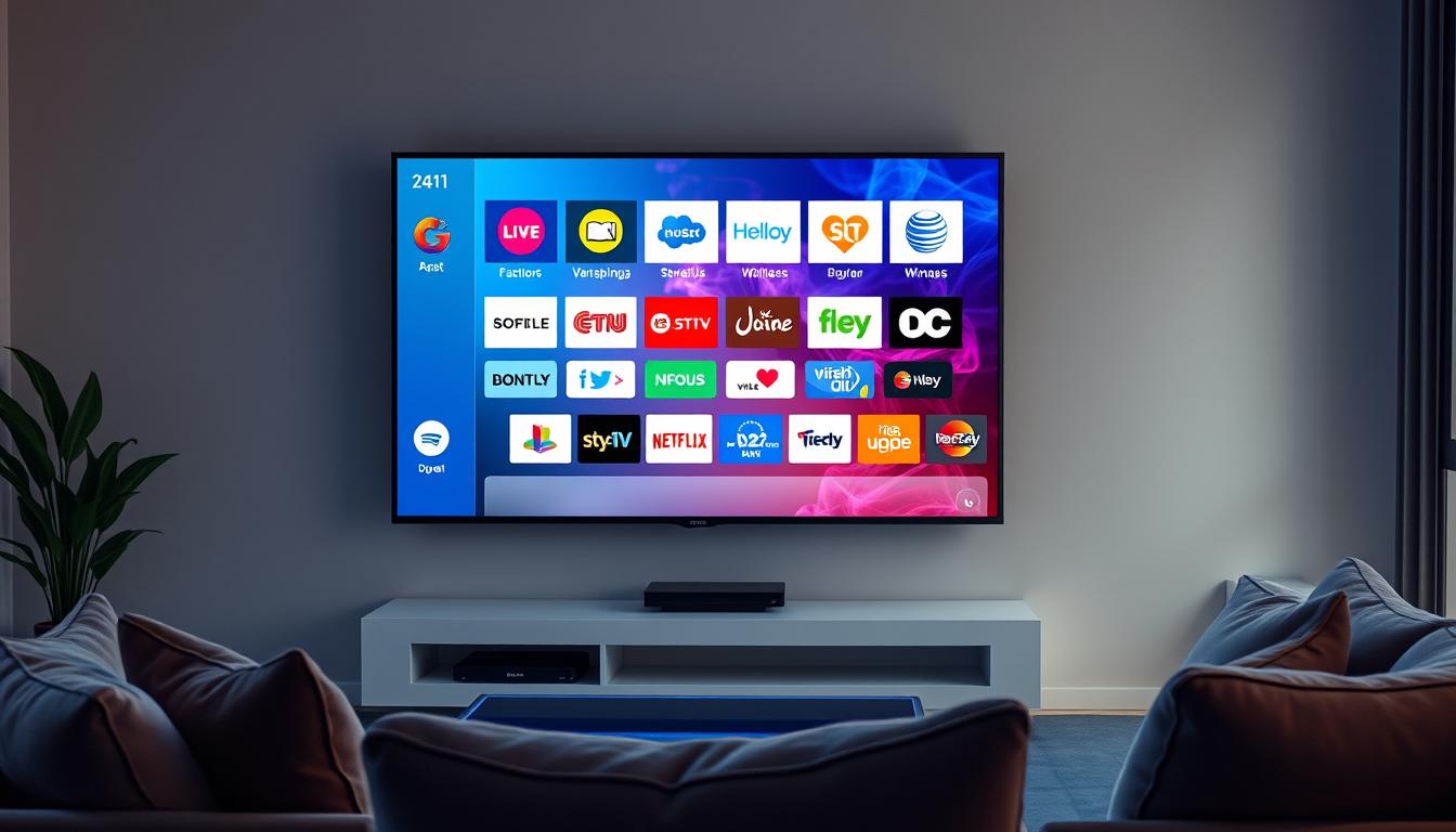 A well-lit scene of a modern living room, with a large flat-screen TV prominently displayed. On the TV screen, a vibrant user interface showcases various online streaming platforms and TV channel logos, inviting the viewer to explore a world of entertainment at their fingertips. The room is cozy, with plush furniture and subtle lighting, creating a comfortable and immersive atmosphere for enjoying digital media. The overall composition emphasizes the convenience and accessibility of online TV programming, reflecting the idea of "Seguindo suas Séries Favoritas" (Following Your Favorite Shows). A well-lit scene of a modern living room, with a large flat-screen TV prominently displayed. On the TV screen, a vibrant user interface showcases various online streaming platforms and TV channel logos, inviting the viewer to explore a world of entertainment at their fingertips. The room is cozy, with plush furniture and subtle lighting, creating a comfortable and immersive atmosphere for enjoying digital media. The overall composition emphasizes the convenience and accessibility of online TV programming, reflecting the idea of "Seguindo suas Séries Favoritas" (Following Your Favorite Shows).