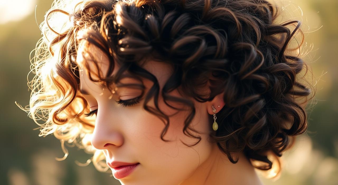 Soft, lightweight earrings for curly hair, delicately suspended against a warm and natural backdrop. Wispy, voluminous locks frame the face, gently curling around the lobes. The earrings, crafted from gleaming metal and semi-precious stones, sway with the movement of the head, catching the light and casting subtle shadows. A softly diffused, golden-hour ambiance envelops the scene, lending an effortless, feminine elegance. The overall composition emphasizes the harmony between the earrings and the textured, bouncy curls, showcasing the perfect pairing for this hair type.